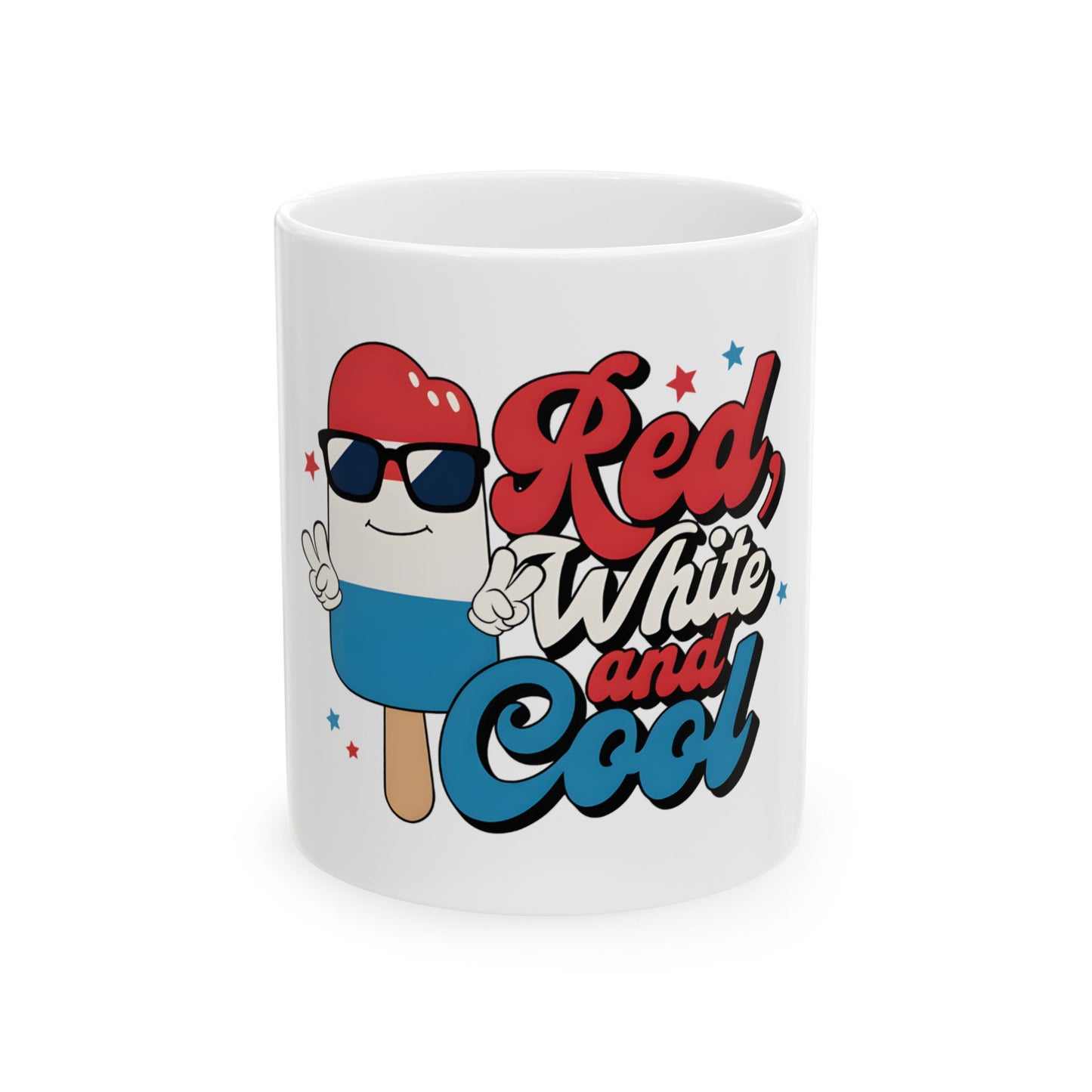 Mug with a popsicle character and "Red, White and Cool" text.