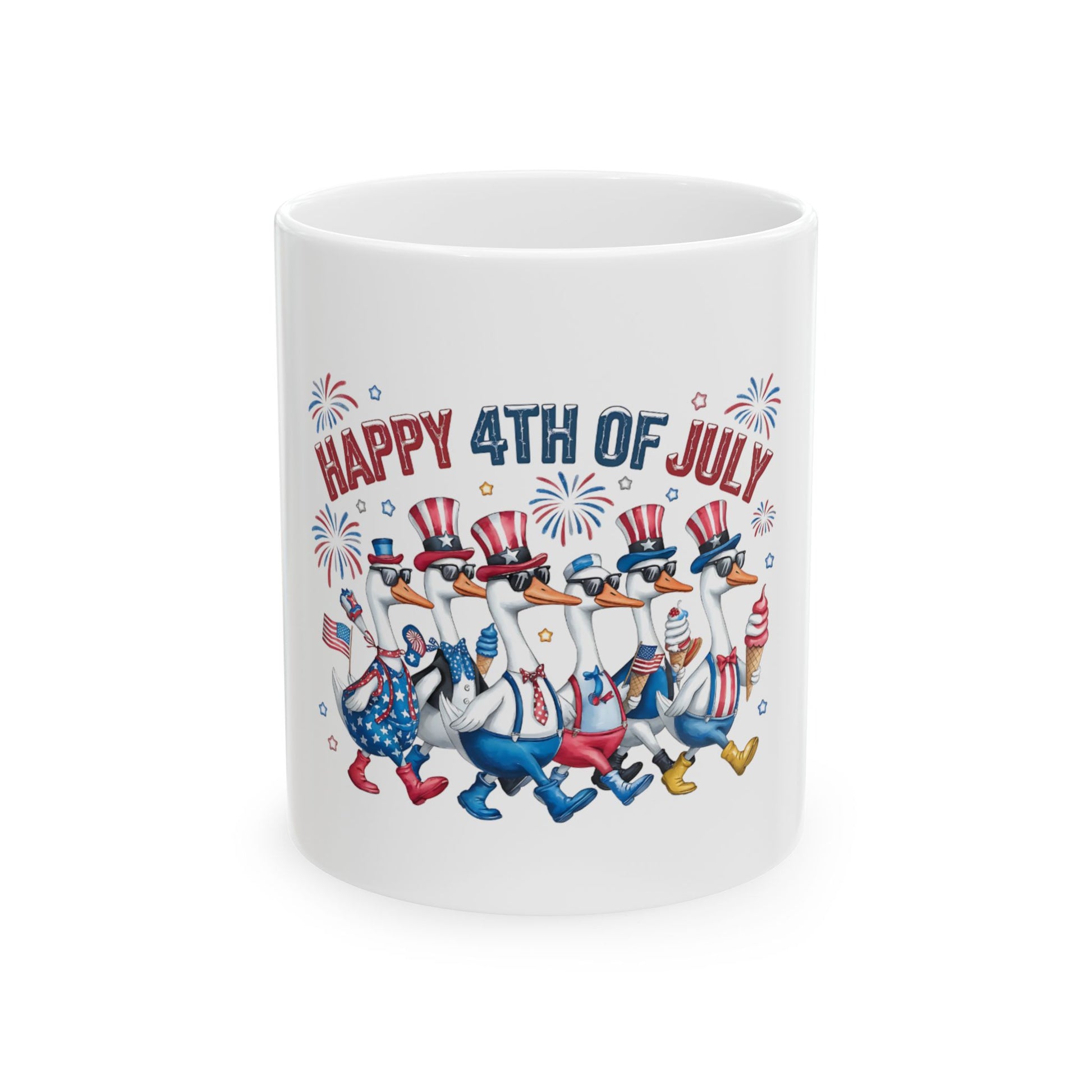 Cartoon geese in patriotic outfits walk in a line, celebrating July 4th.