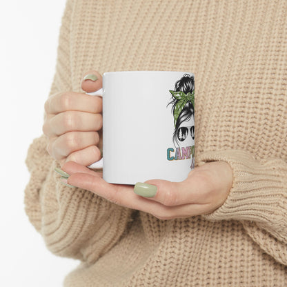 White mug with messy bun and sunglasses graphic, text "CAMP".