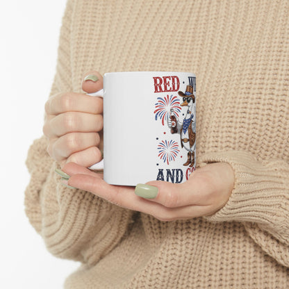 White mug with patriotic duck illustration and text.