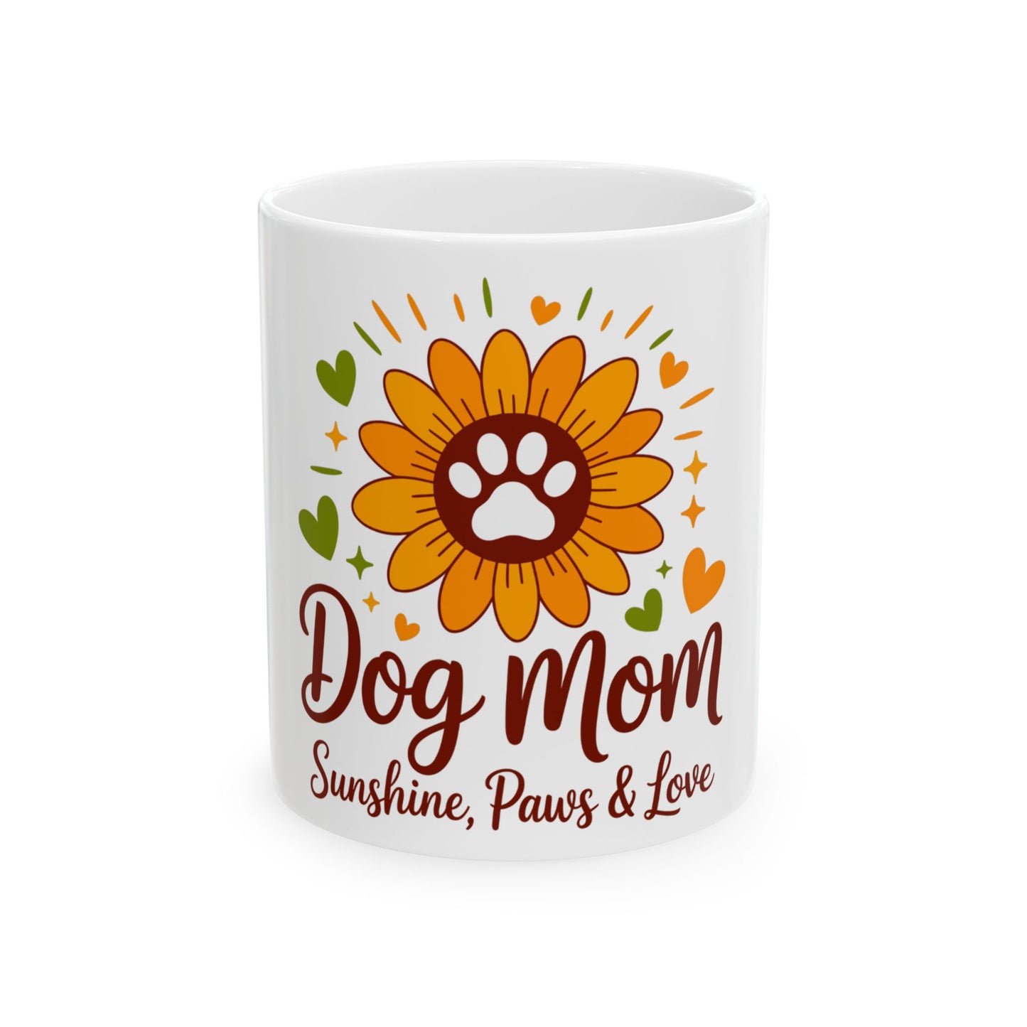 White mug with sunflower, paw print, hearts, and "Dog Mom Sunshine, Paws & Love".