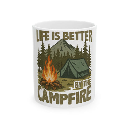 Campfire, tent, and mountains with text "Life is better by the campfire".