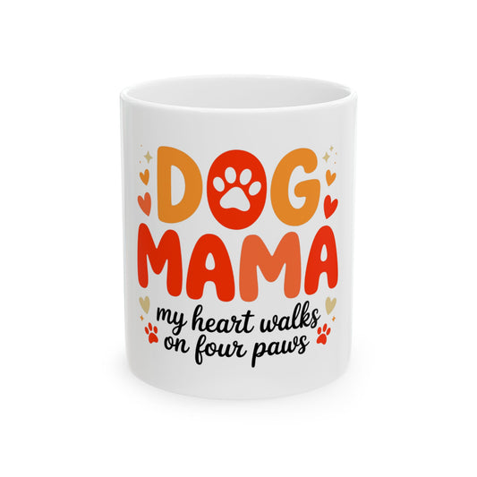 White mug with "DOG MAMA my heart walks on four paws" text and paw print.