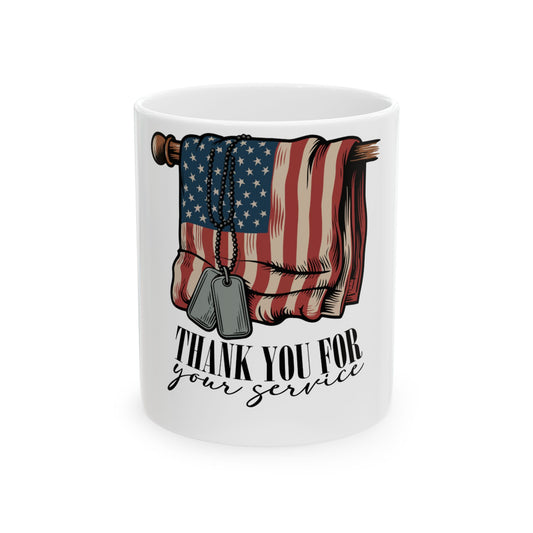 Mug with American flag and "Thank You for Your Service" text.