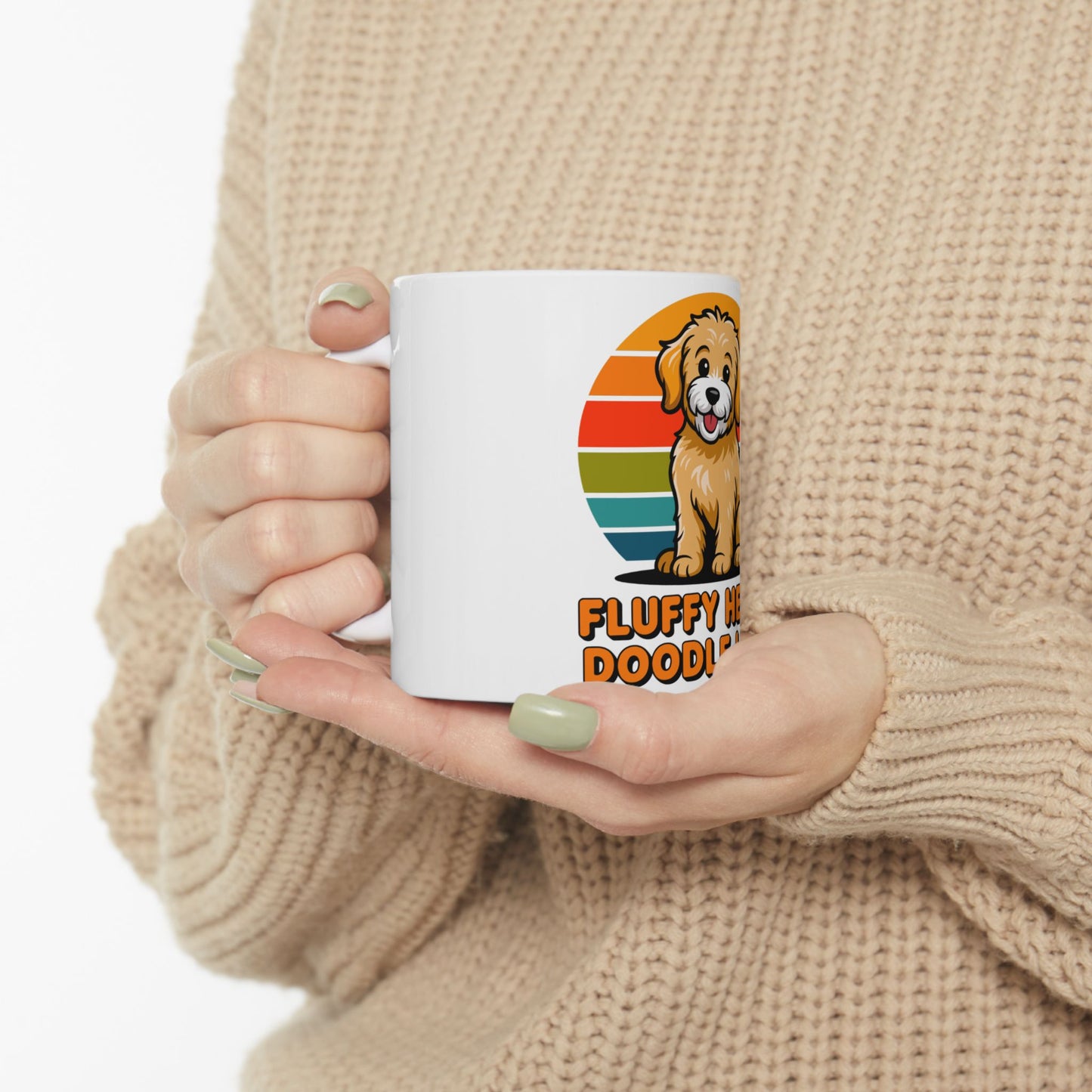 White mug with a cartoon dog and "FLUFFY DOOD!" text.