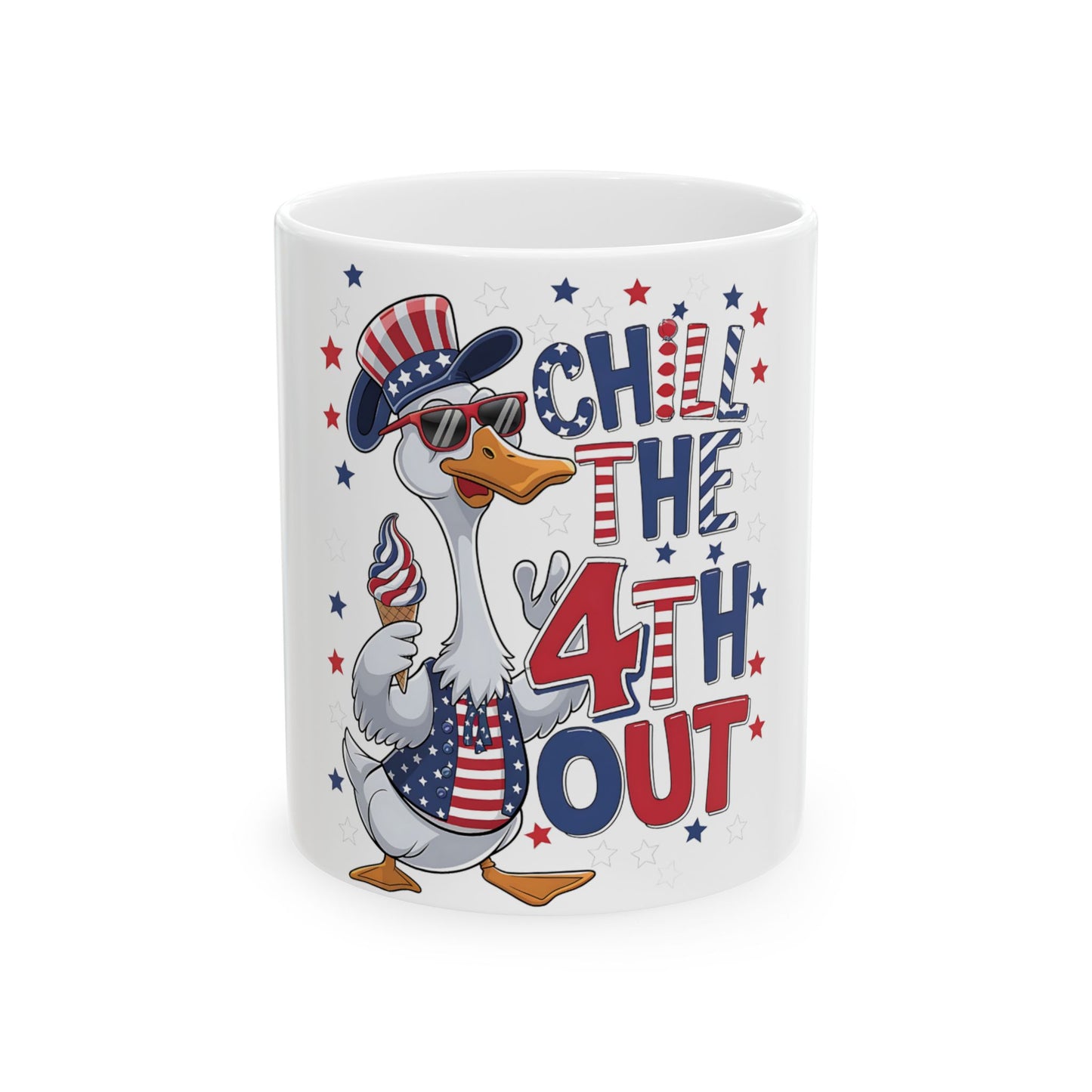 Duck in patriotic outfit holding ice cream, "Chill the 4th Out" text.