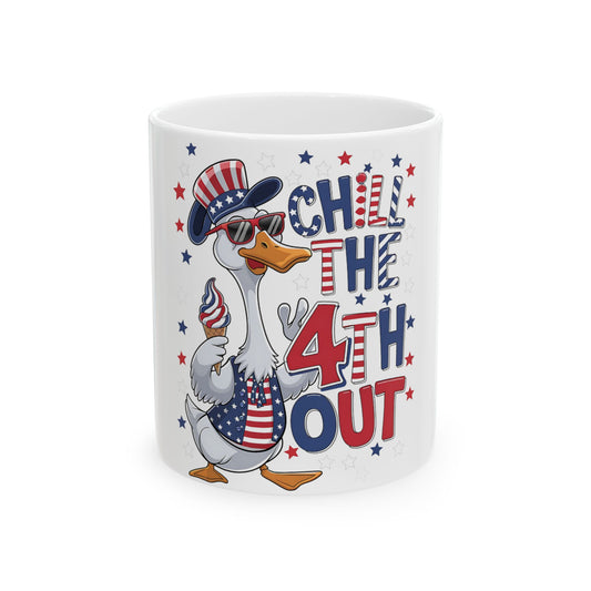 Duck in patriotic outfit holding ice cream, "Chill the 4th Out" text.