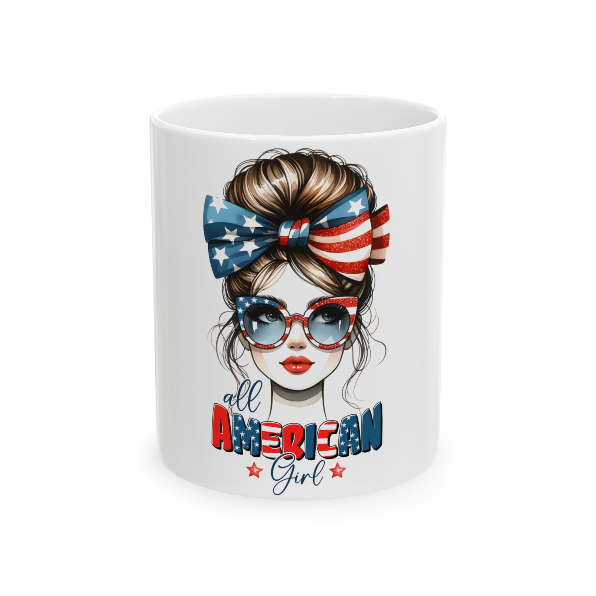 Mug with a woman's face wearing sunglasses and a bow, "all American Girl" text.