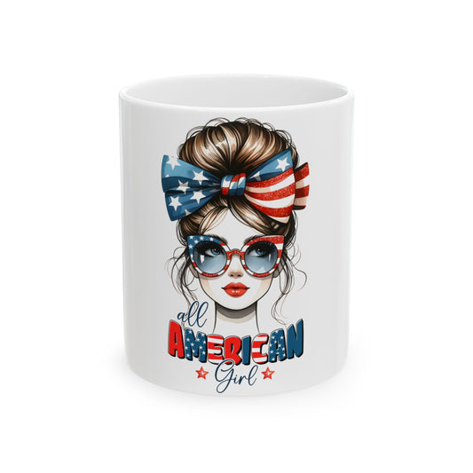 Mug with a woman's face wearing sunglasses and a bow, "all American Girl" text.