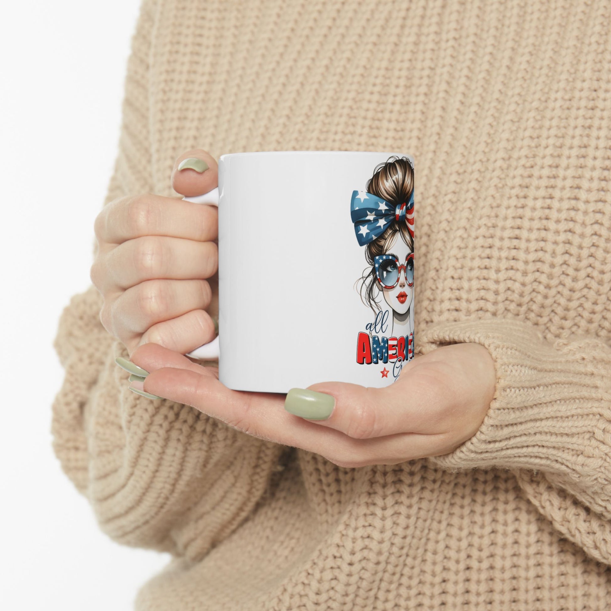 White mug with patriotic woman graphic and "All American" text.