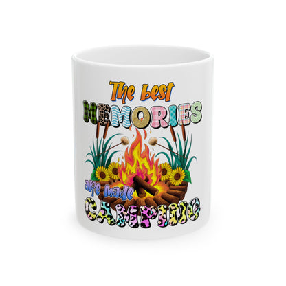 Campfire with "The Best Memories are Made Camping" text and sunflowers.