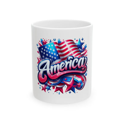 White mug with "America" in stylized lettering and US flag design.