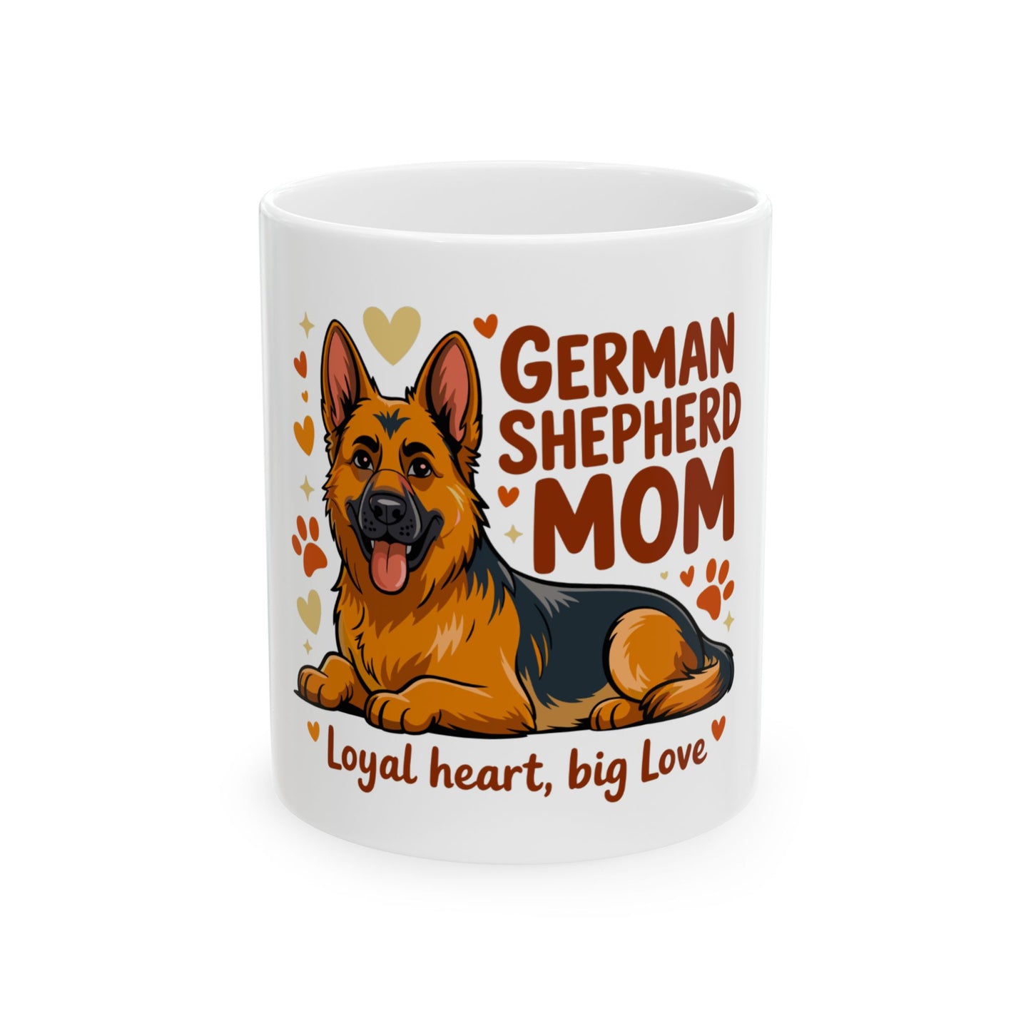 German Shepherd Mom mug with dog illustration and heart accents.