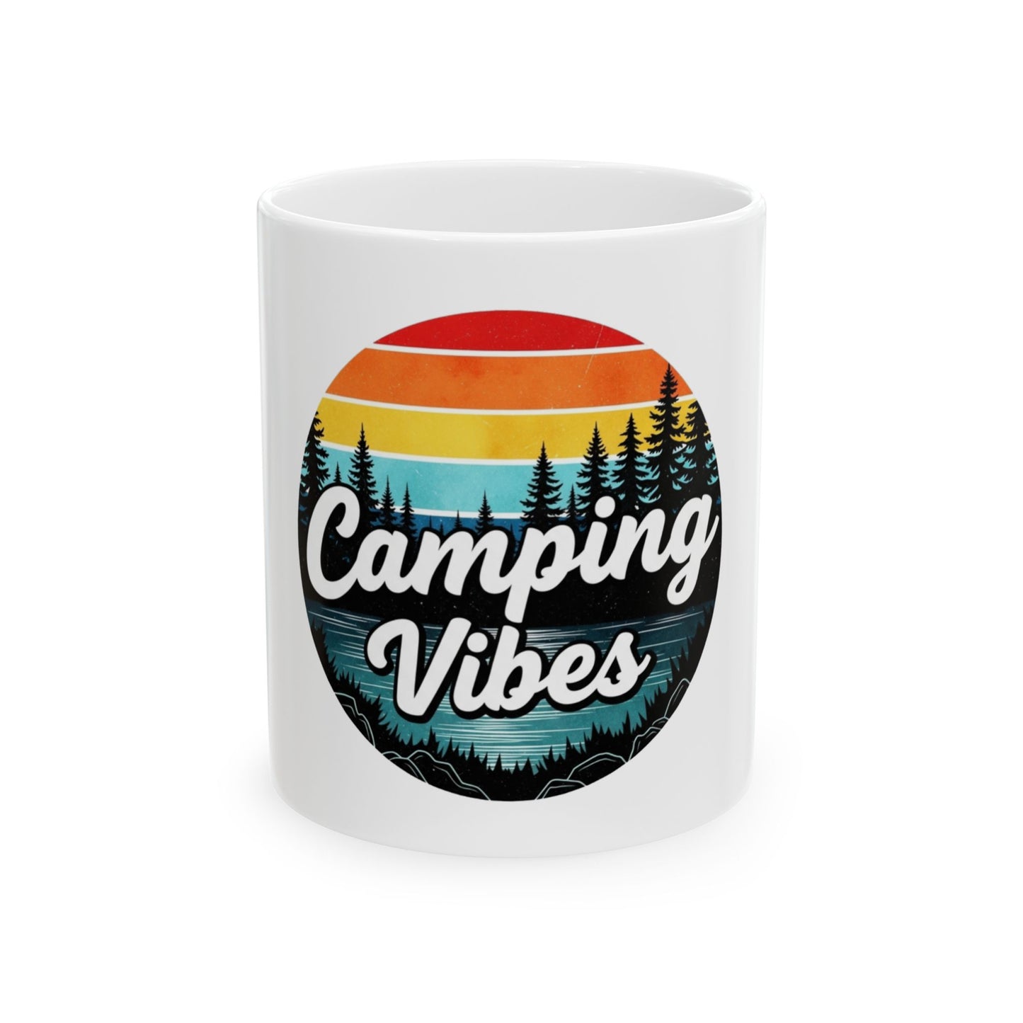 White mug with "Camping Vibes" text and sunset forest scene.