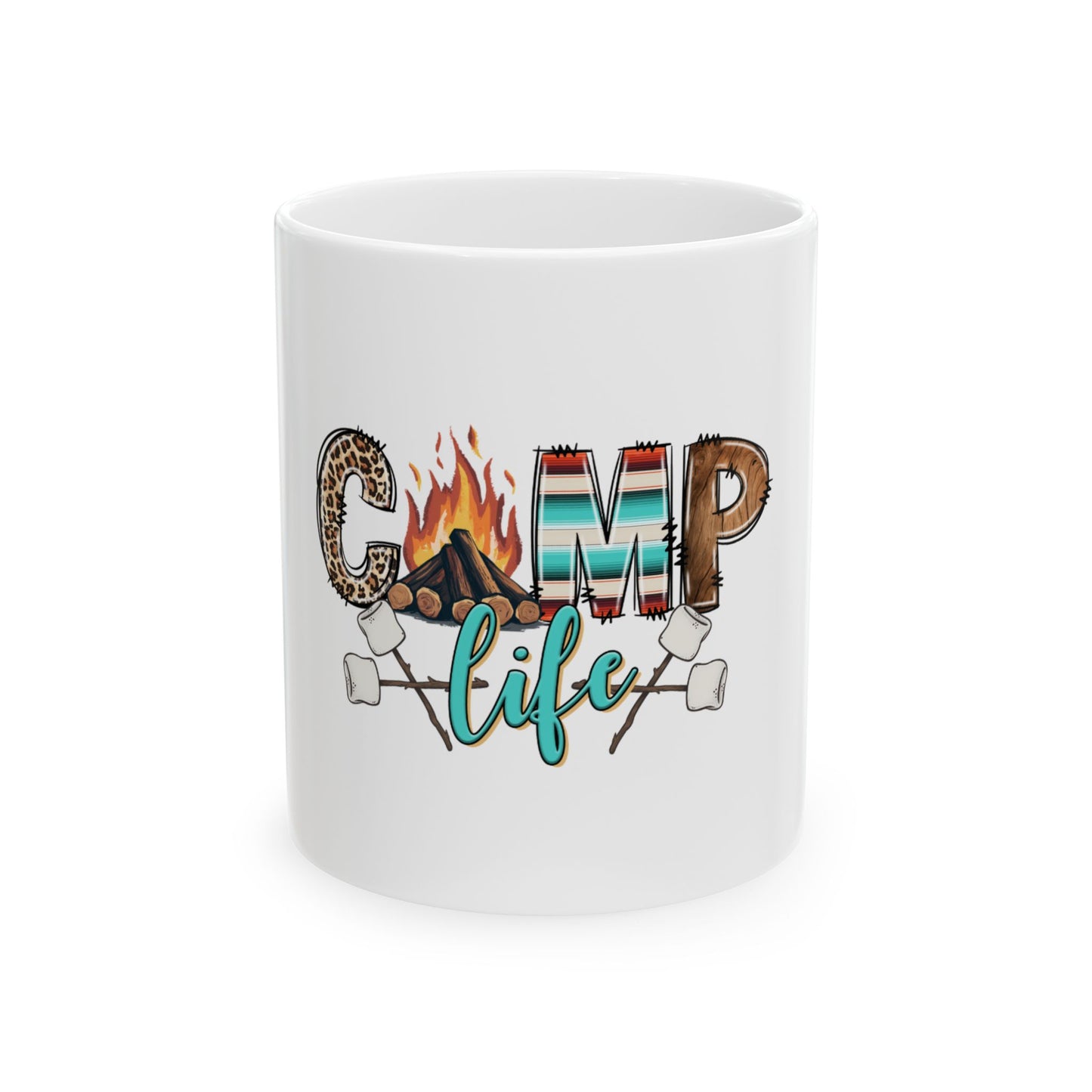 White mug with "Camp Life" design featuring campfire and marshmallows.