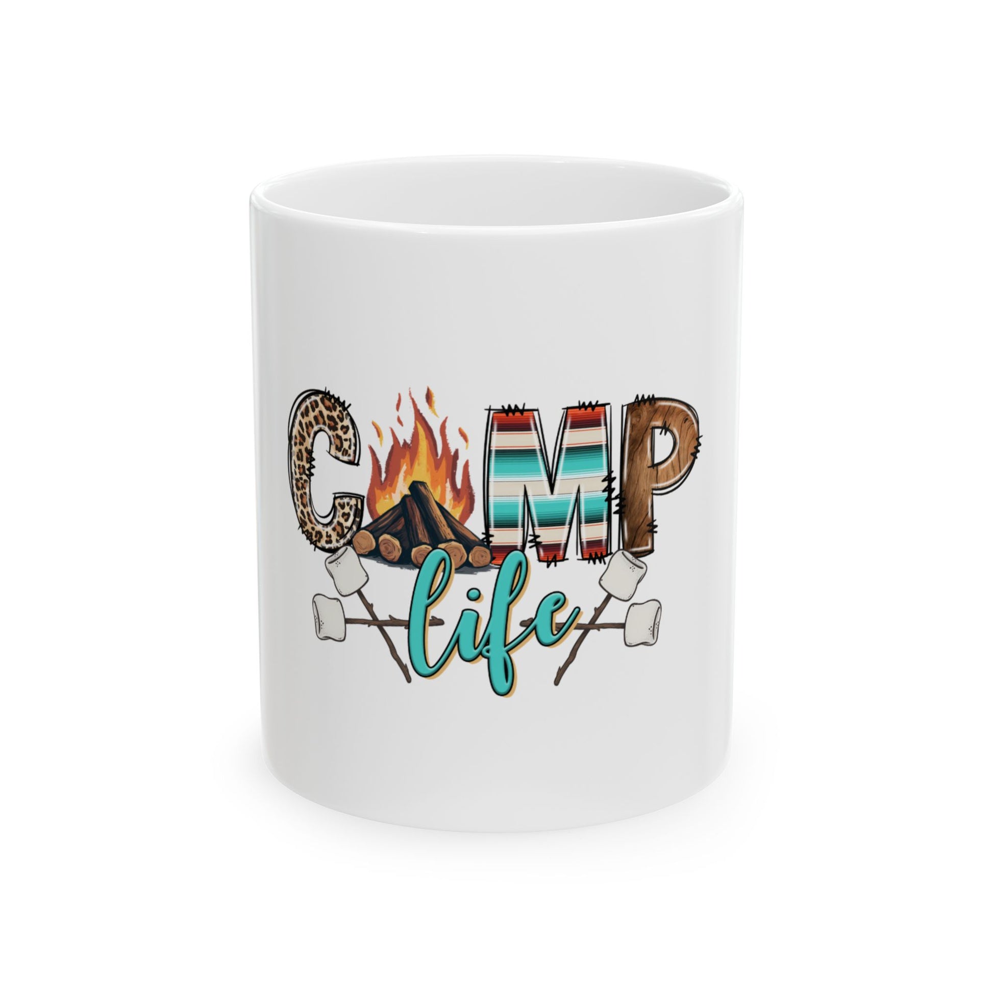 White mug with "Camp Life" design featuring campfire and marshmallows.