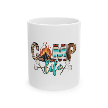 White mug with "Camp Life" design featuring campfire and marshmallows.
