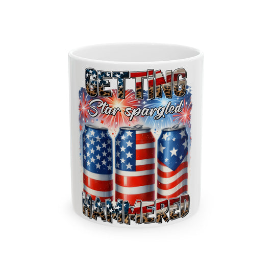 Mug with three American flag cans and "GETTING STAR SPANGLED HAMMERED" text.