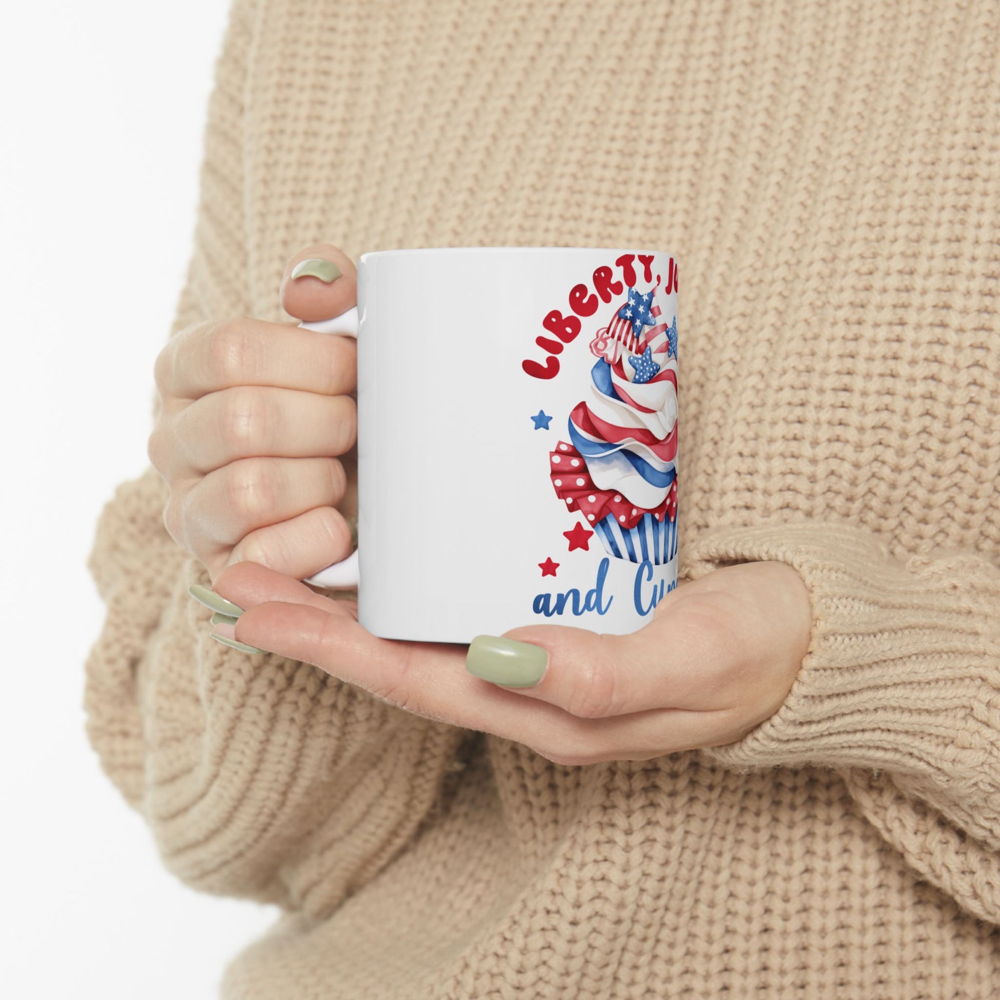 White mug with patriotic cupcake graphic: "Liberty, ... and Cin".