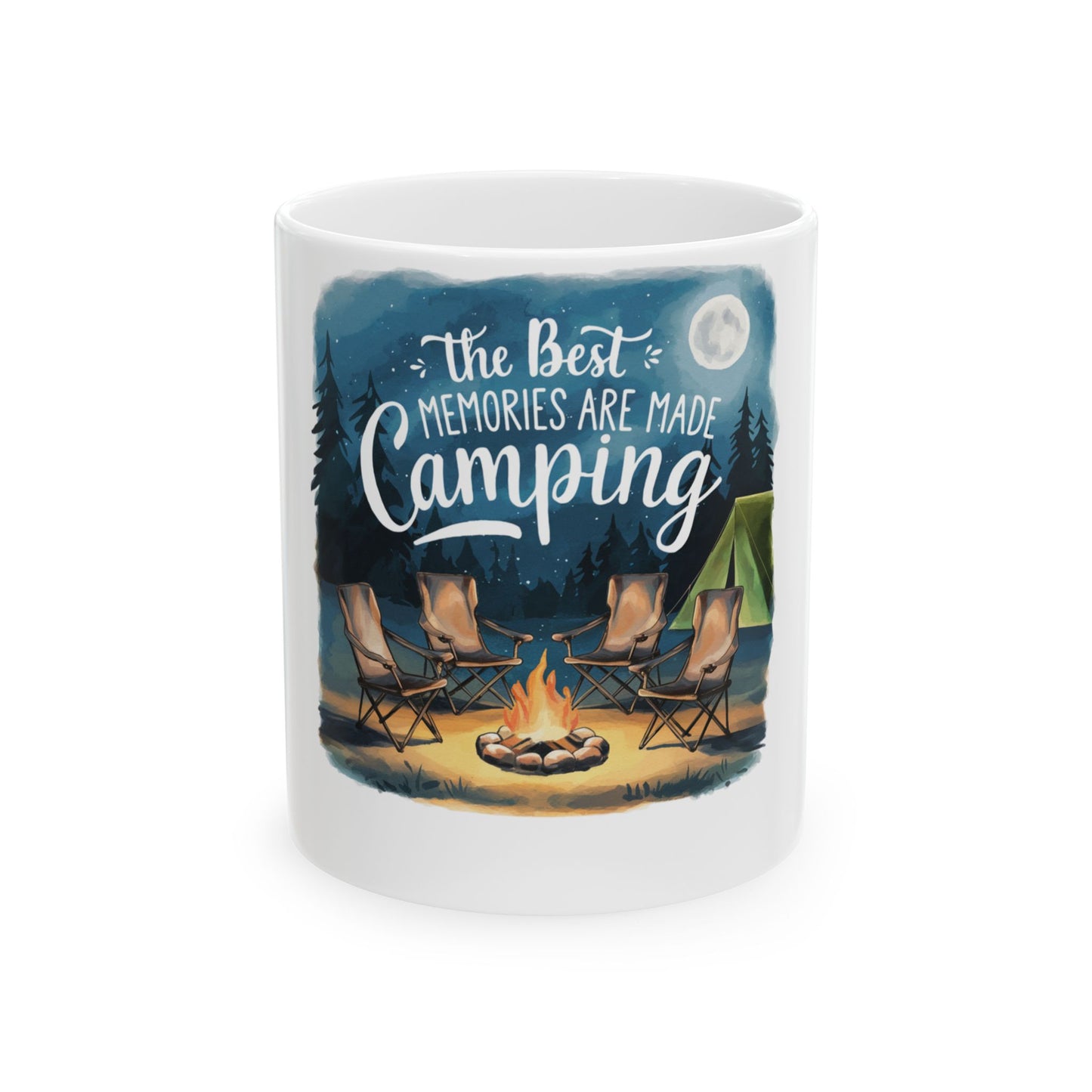 White mug with camping scene and "The best memories are made camping" text.