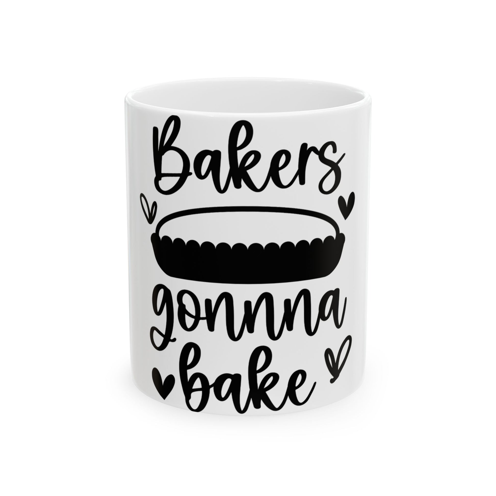 White mug with "Bakers gonna bake" and a pie graphic.