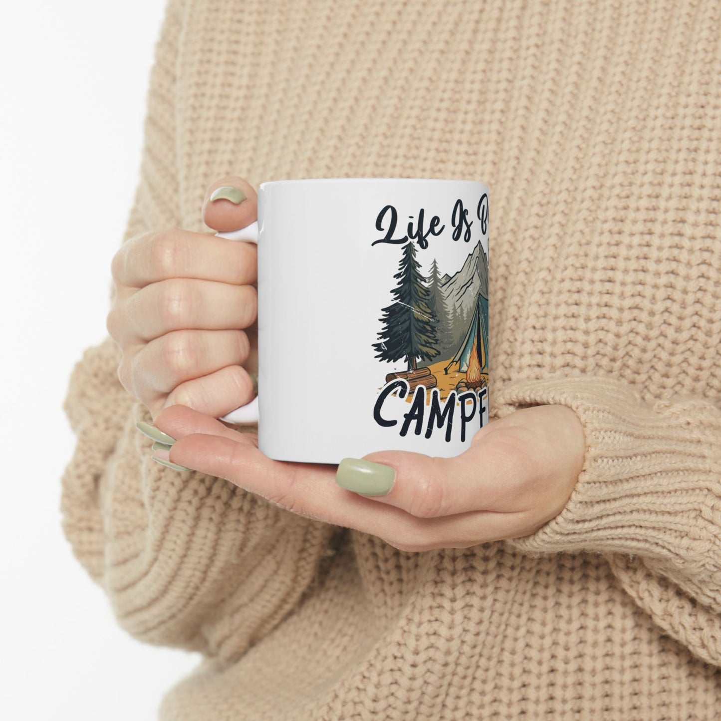 White mug with camping scene and text "Life is better in a camper."