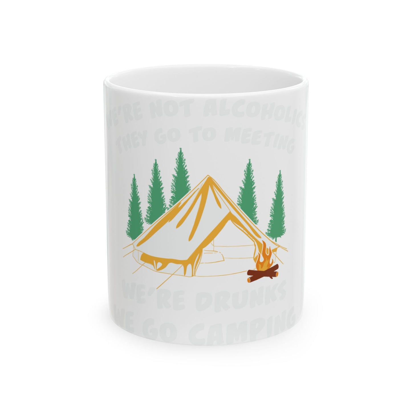 White mug with tent, trees, campfire, and text about camping.