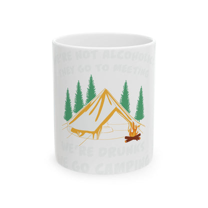 White mug with tent, trees, campfire, and text about camping.