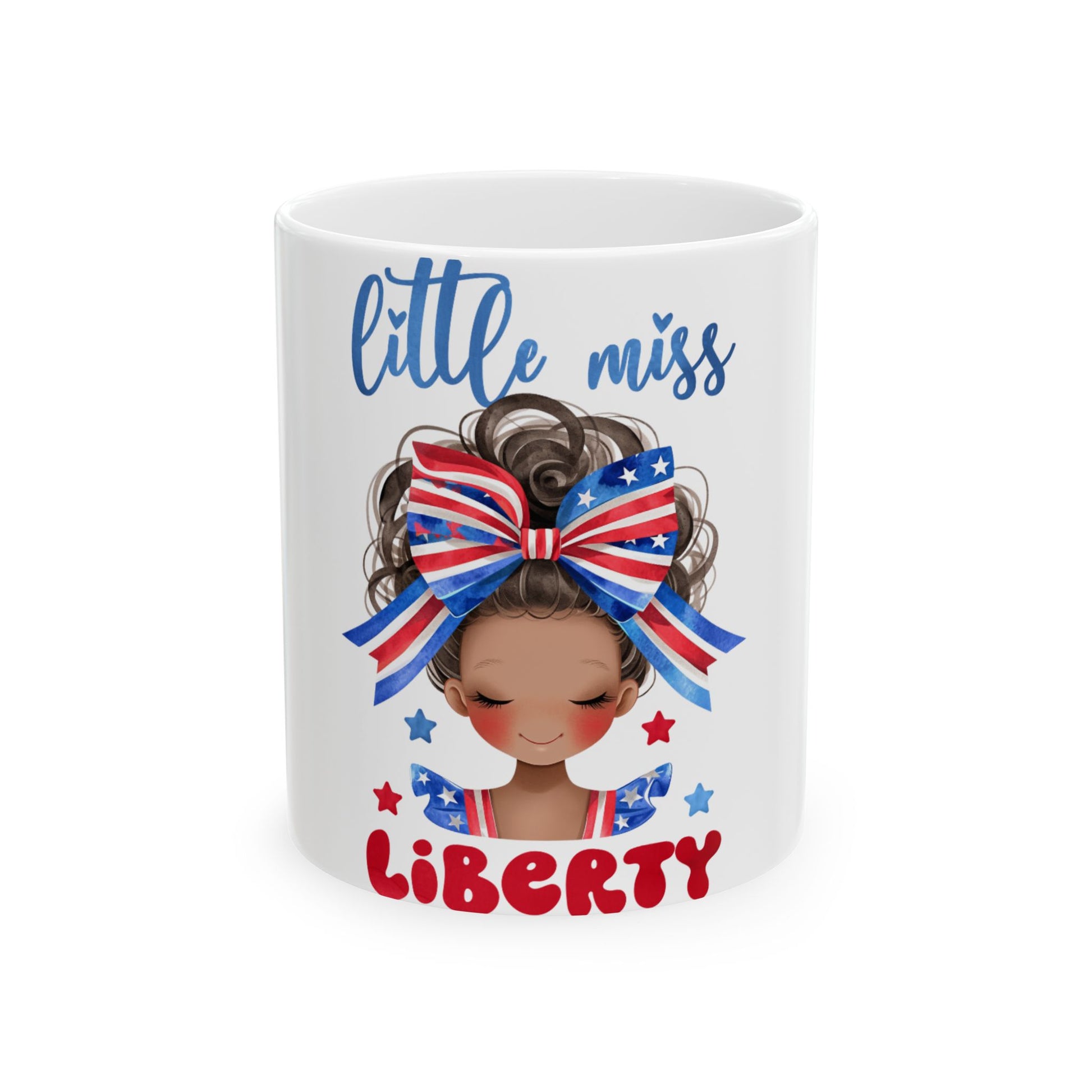 Mug featuring a young girl with a patriotic bow, text "little miss Liberty".