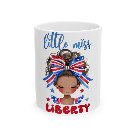 Mug featuring a young girl with a patriotic bow, text "little miss Liberty".