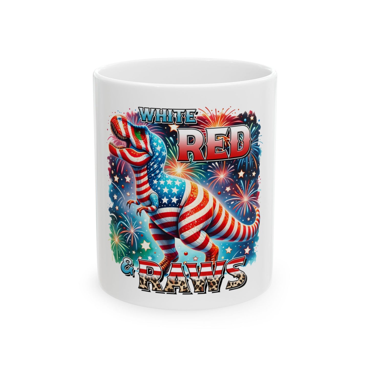 T-Rex dinosaur in USA flag colors with "White, Red, & Paws" text.