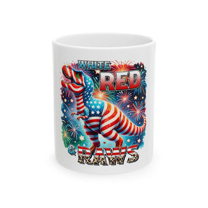T-Rex dinosaur in USA flag colors with "White, Red, & Paws" text.