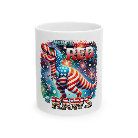 T-Rex dinosaur in USA flag colors with "White, Red, & Paws" text.
