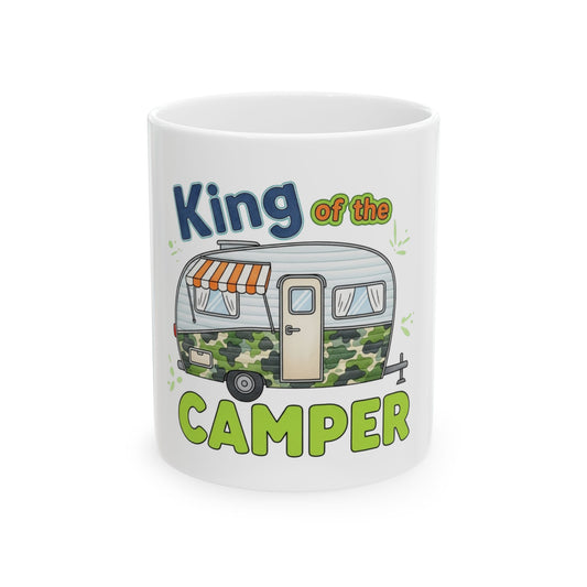 Mug with "King of the Camper" text and a cartoon camper.
