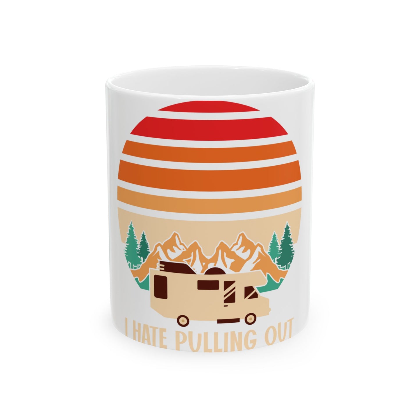 White mug with RV, mountains, and trees under a retro sunset.