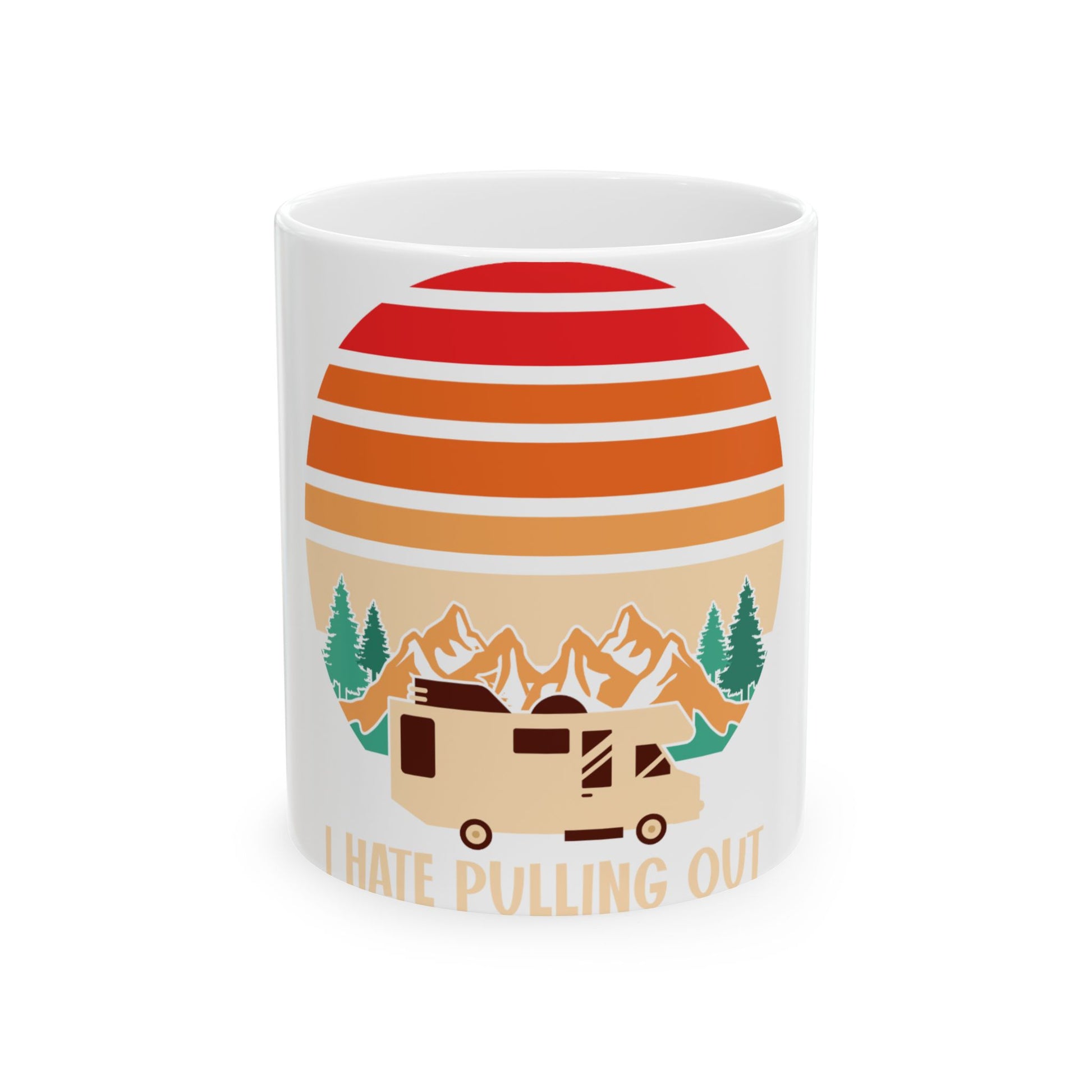 White mug with RV, mountains, and trees under a retro sunset.