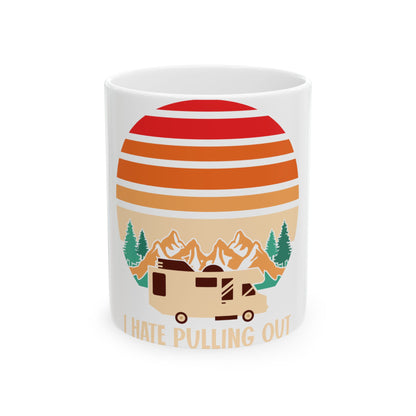 White mug with RV, mountains, and trees under a retro sunset.
