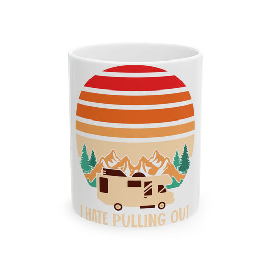 White mug with RV, mountains, and trees under a retro sunset.