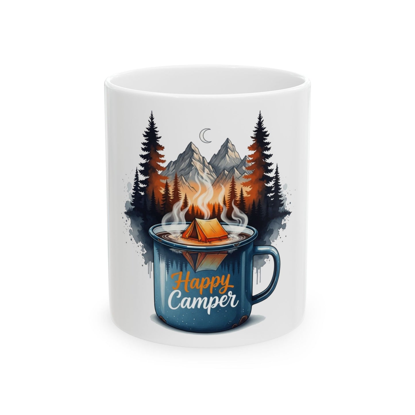 Blue mug with "Happy Camper" text and campfire scene.