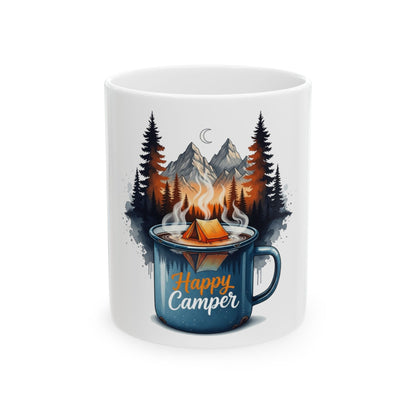Blue mug with "Happy Camper" text and campfire scene.