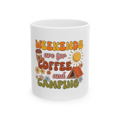 Mug with "Weekends are for Coffee and Camping" text and camping graphics.