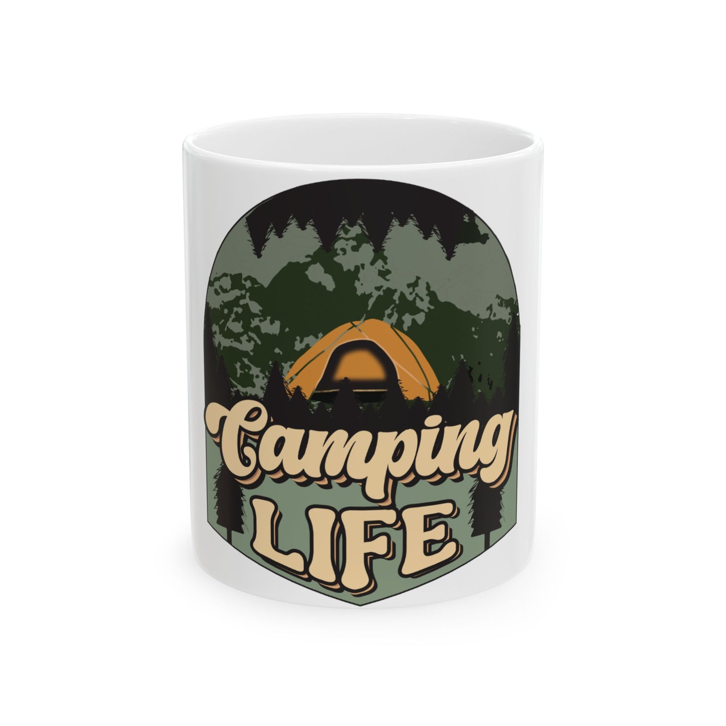 White mug with "Camping Life" logo featuring a tent and forest scene.