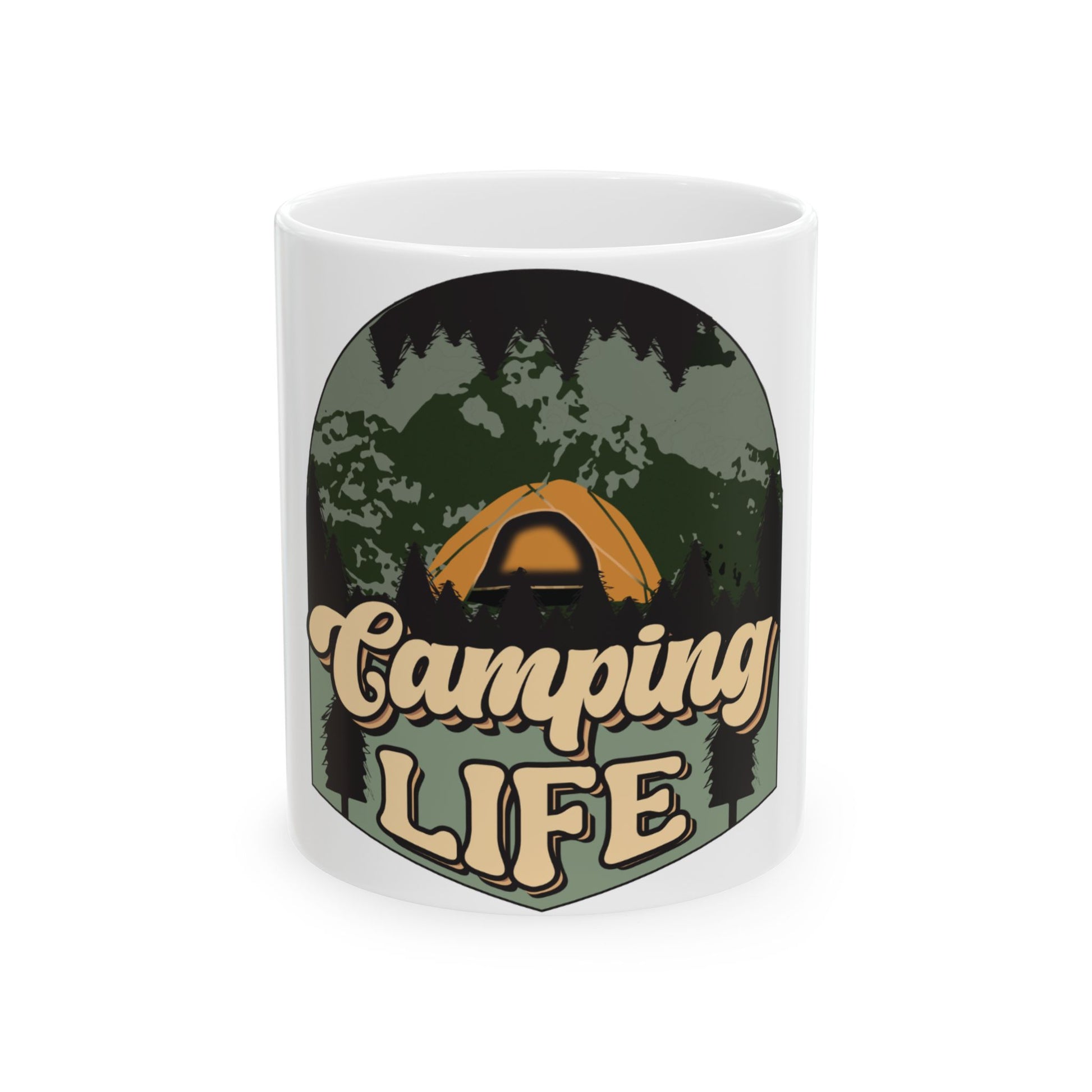 White mug with "Camping Life" logo featuring a tent and forest scene.