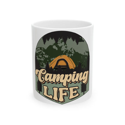 White mug with "Camping Life" logo featuring a tent and forest scene.