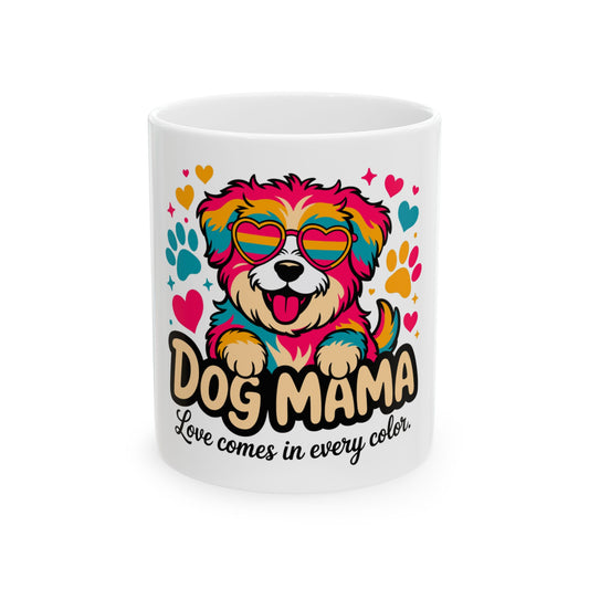 Cartoon dog in heart sunglasses with "Dog Mama" text and paw prints.