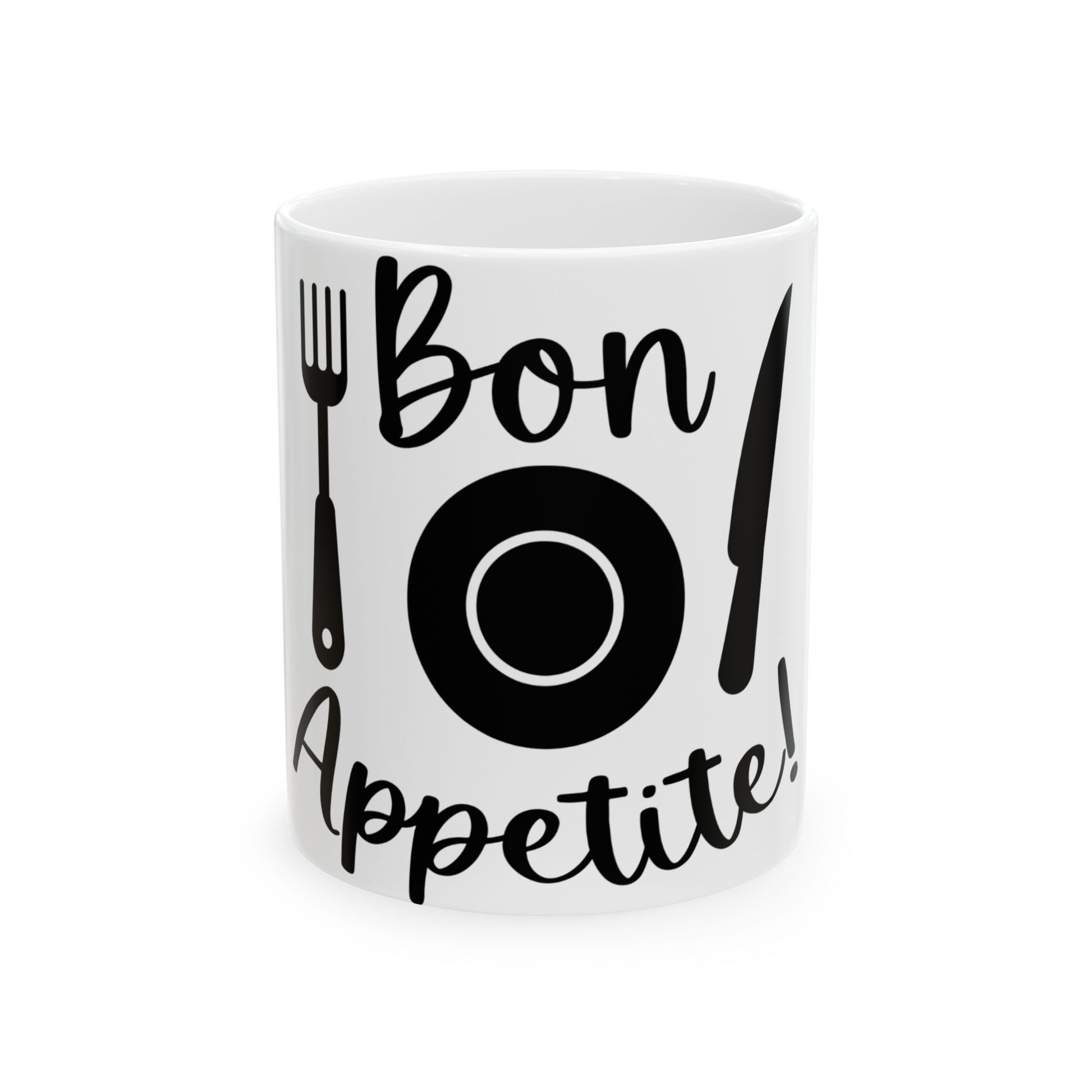 White mug with "Bon Appetite!" text and cutlery illustration.