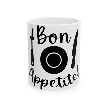 White mug with "Bon Appetite!" text and cutlery illustration.
