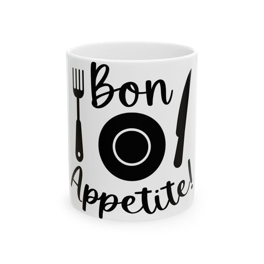 White mug with "Bon Appetite!" text and cutlery illustration.