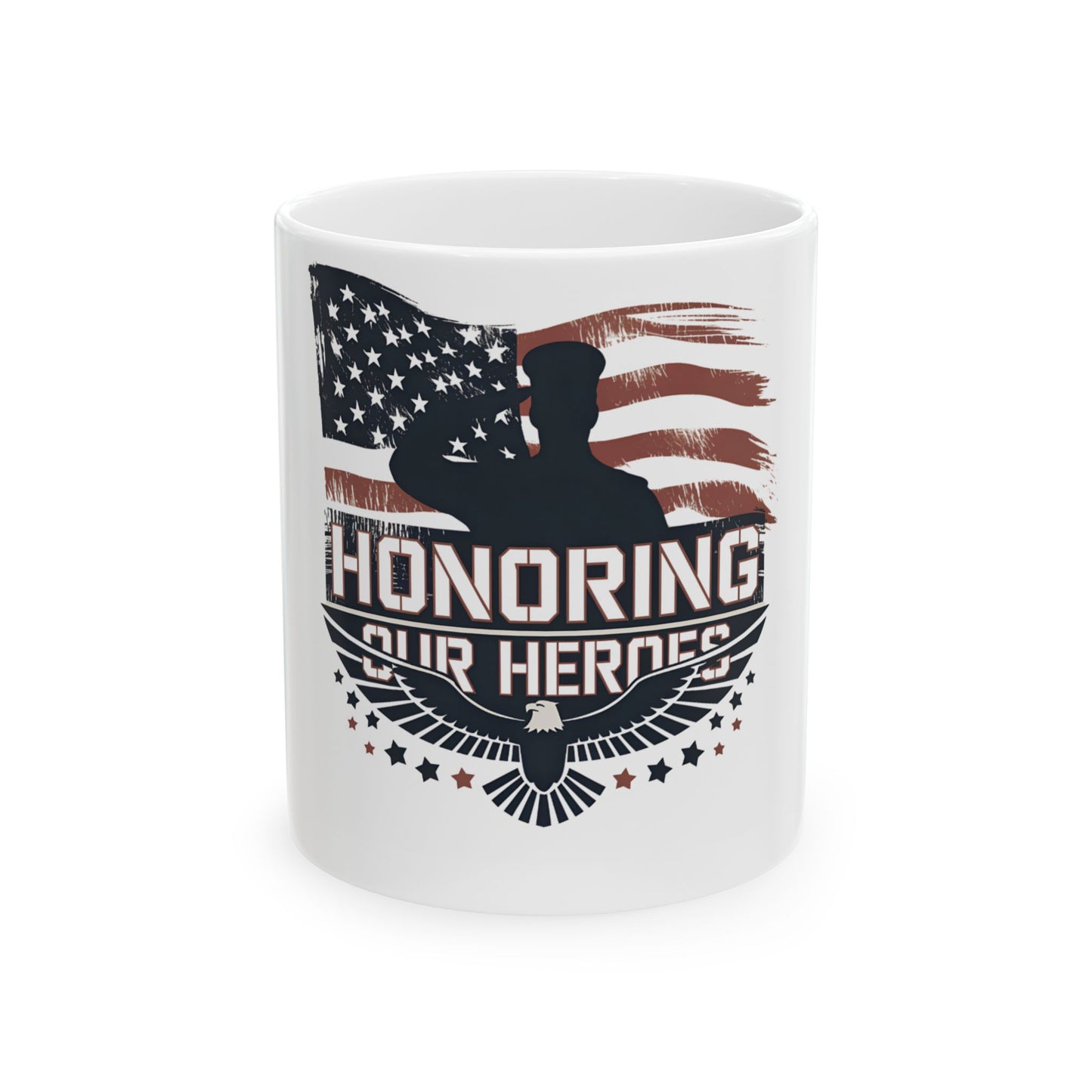 White mug with American flag, saluting silhouette, and text "Honoring Our Heroes".