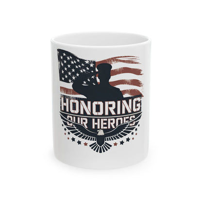 White mug with American flag, saluting silhouette, and text "Honoring Our Heroes".